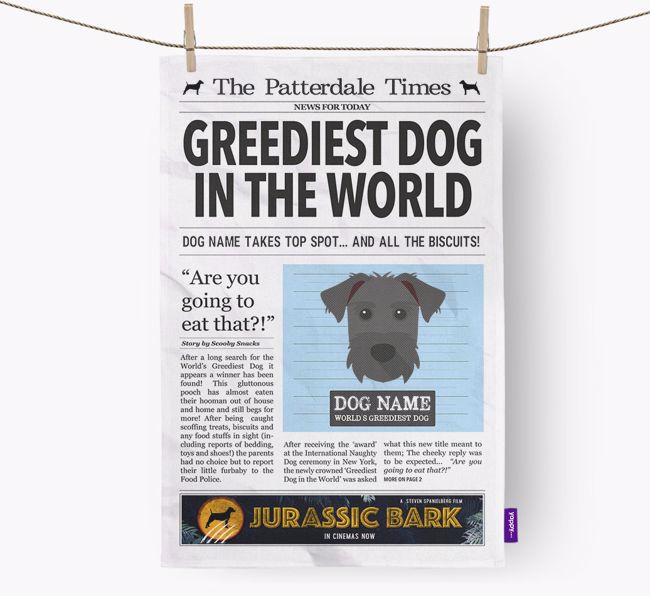 The {breedShortName} Times 'Greediest Dog In The World' Personalised Tea Towel